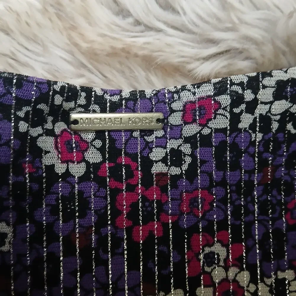 Michael Michael Kors Womens Dress XXL Purple Floral Pleated Ruffle Hem‎ V-Neck